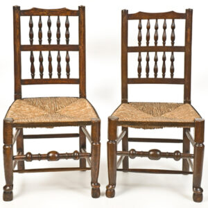 A pair of early 19th Century English ash and elm rush scated Lancashire spindle back chair - AA0681