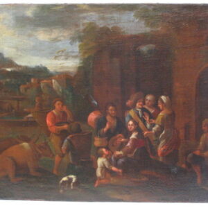 C17th Flemish oil on canvas village square at dusk