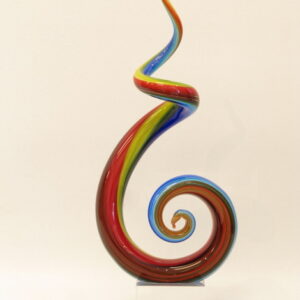 A decorative European 21st Century coloured art glass spiral sculpture on a rectangular clear glass base
