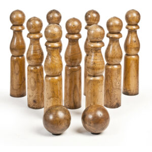 An unusual set of 19th Century French elm skittles with two laburnum balls - CBE56