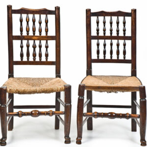 Two from a Harlequin set of eight 19th Century English, ash, elm & fruitwood, rush seated Lancashire spindle back dining chairs - CCS500