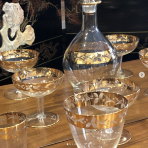A Beautiful Set of Mid 20th Century European Gold Decorated Crystal Glasses with Decanter