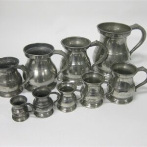 A graduated set of nine 19th Century English pewter quart to quarter gill measures by Gaskell and Chambers, Birmingham.