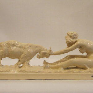 A superb signed French first quarter 20th Century composition of a naked Maiden playing with a goat