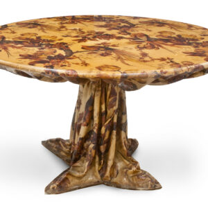A Rare French retro fibreglass sealed fabric centre table, in Autumn tones with birds and foliage. 