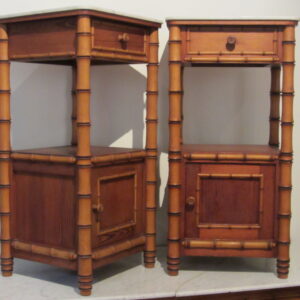 Late 19th Century French bamboo stylized pair of bedside tables with original marble top