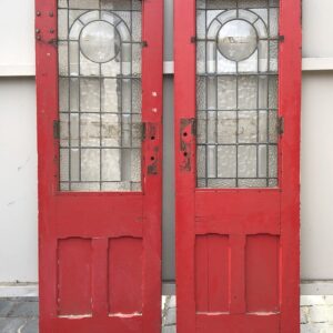A Beautiful Pair of Red Painted Leadlight Antique Doors.