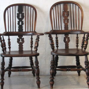 A matched pair of mid to late 19th Century English ash and alder wood high back broad arm Windsor chairs - AA1700