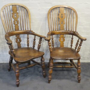 Matched pair of mid to late 19th Century English Ash and Alder wood high back broad arm Windsor chairs AA1700a