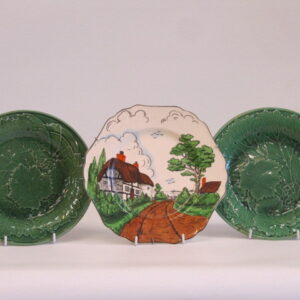 19th Century English green majolica leaf patterned plates (A.F.)