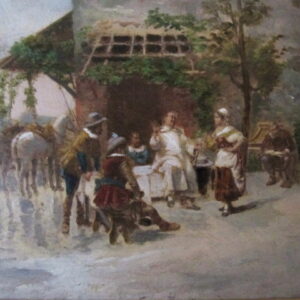 A gilt framed 18th Century European oil on board of a happy gathering