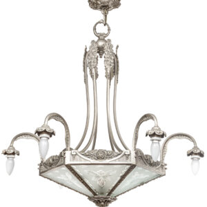 An unusual pair of first quarter 20th Century French Art Nouveau nickel plated brass and etched glass chandeliers - AA1950