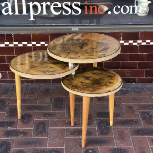 A Rare and Unusual Retro Book-Matched Figured Walnut Central Joined Adjustable Nest of Tables