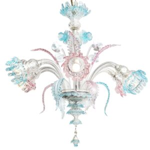 Beautiful Italian Murano Glass Six Branch Light with Pink and Blue Flowers and Leaves.