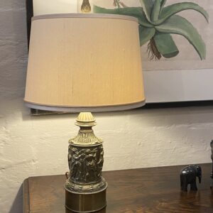 19th century French Neo Classical sculptured brass electrified moderator lamp.