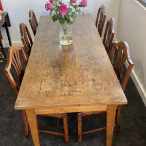First half 19th century French figured Elm on Oak Farmhouse Table.