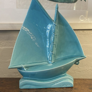 A Striking French Retro Vintage Ceramic Turquoise Sailing Ship on Water
