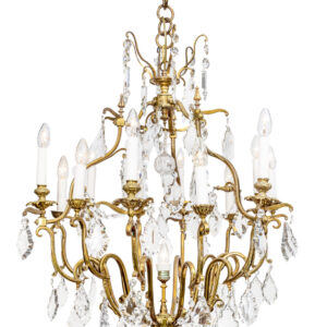 19th century French brass and crystal 12 branch chandelier.