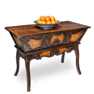 An unusual 19th Century French Fruitwood, Burr Elm and Oak Dough bin.