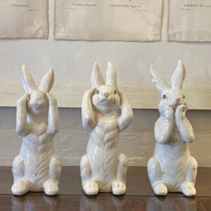 Three White Ceramic Bunnies - See, Hear, Speak no evil.