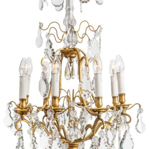 Decorative 19th century eight branch  French brass and crystal chandelier.