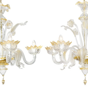 Rare pair of Italian Murano soft gold and clear glass five branch chandeliers