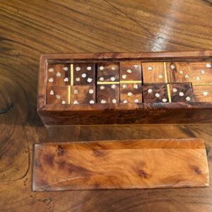 A rare Australian huon pine & mother of pearl inlaid boxed domino set.