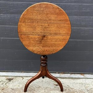 An elegant late 18th century English country oak, elm and fruitwood tilt top, tripod/wine table.
