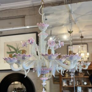 A rare mid-century Italian soft pink & milky pearl Murano glass eight branch chandelier