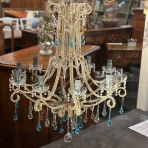 A decorative mid-century Italian blue & amber glass beaded chandelier