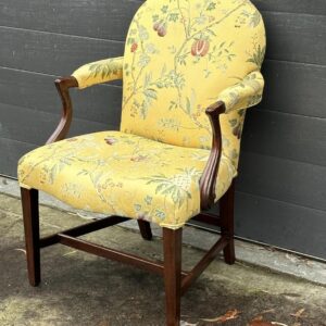 Restoration of a late Georgian mahogany, beautifully silk upholstered arm chair