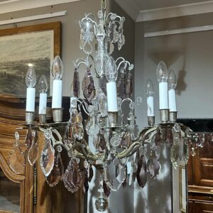 Two similar French nickel and amethyst chandeliers.  8 & 9 branch.