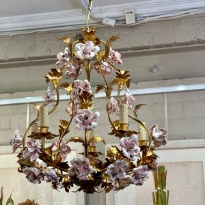 Beautiful pair of 19th century Italian flowing leaf gilt metal with porcelain flower chandeliers.