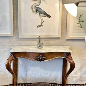 A delightful 19th century European figured walnut entrance, hall, side, console table, of narrow proportions.