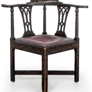 Early 19th century English elm, ebonised, floral painted and gilt corner chair.