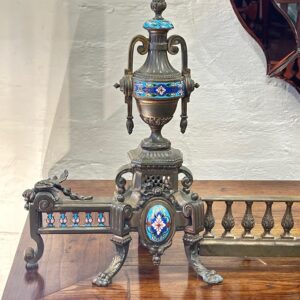 A rare pair of late 19th century French gilt-bronze and Champlevé Enamel decorated, extending Chenets Andirons.