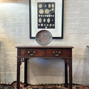 An outstanding rare museum quality 18th century English mahogany Chippendale period chinoiserie carved leather top writing table.