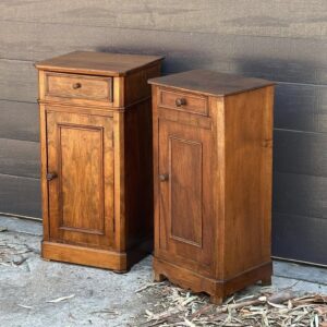 A matched pair of 19th century French figured walnut ladies and gents bedside tables, in exceptional condition.