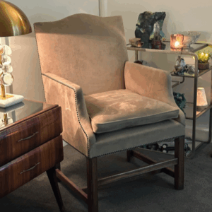 Georgian style caramel studded suede upholstered oak armchair.