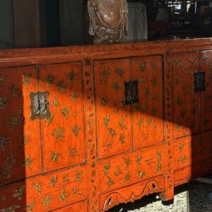 Delightful 19th century Chinese red lacquered and gilt chinoiserie decorated elm sideboard