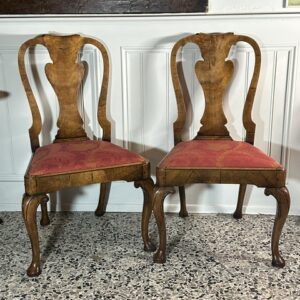 Pair of late 19th century English Queen Anne, George III, revival figured walnut side chairs.