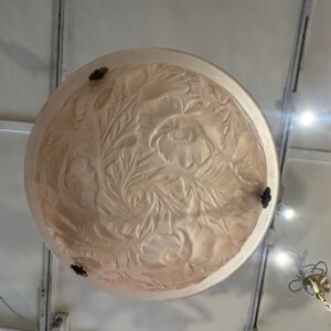 Soft pink/salmon French Designer Tulip Pendant Light, with the original copper ceiling cup and stylish blending rope.