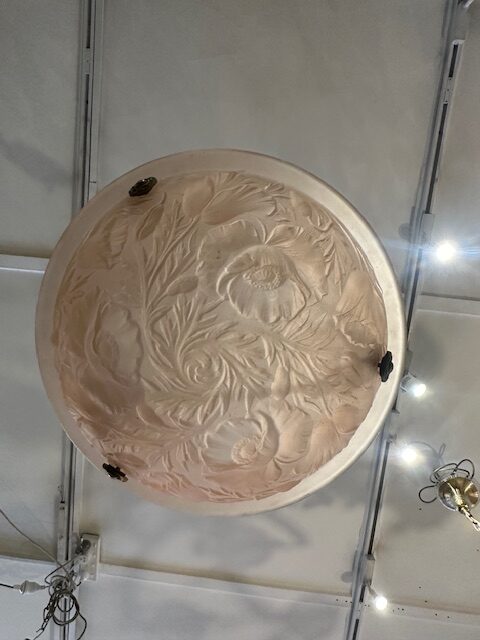 Soft pink/salmon French Designer Tulip Pendant Light, with the original copper ceiling cup and stylish blending rope.