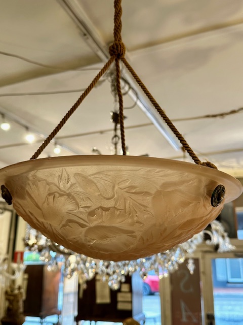 Soft pink/salmon French Designer Tulip Pendant Light, with the original copper ceiling cup and stylish blending rope. - Image 4