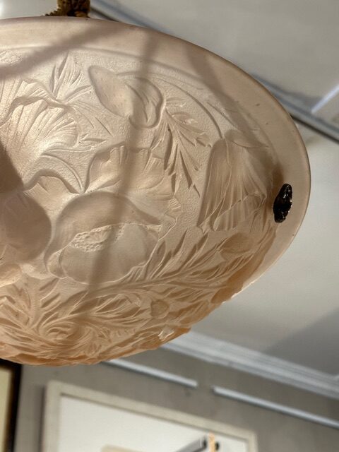 Soft pink/salmon French Designer Tulip Pendant Light, with the original copper ceiling cup and stylish blending rope. - Image 5