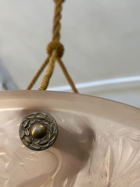 Soft pink/salmon French Designer Tulip Pendant Light, with the original copper ceiling cup and stylish blending rope. - Image 7