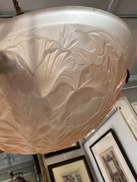 Soft pink/salmon French Designer Tulip Pendant Light, with the original copper ceiling cup and stylish blending rope. - Image 9