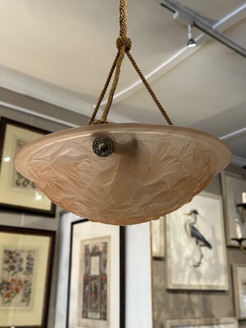 Soft pink/salmon French Designer Tulip Pendant Light, with the original copper ceiling cup and stylish blending rope. - Image 12