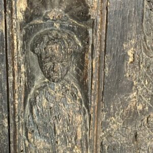 Late Tudor / early Renaissance carved oak panels (circa 1520–1560), presented within a later Arts & Crafts period outer frame (late 19th / early 20th century).